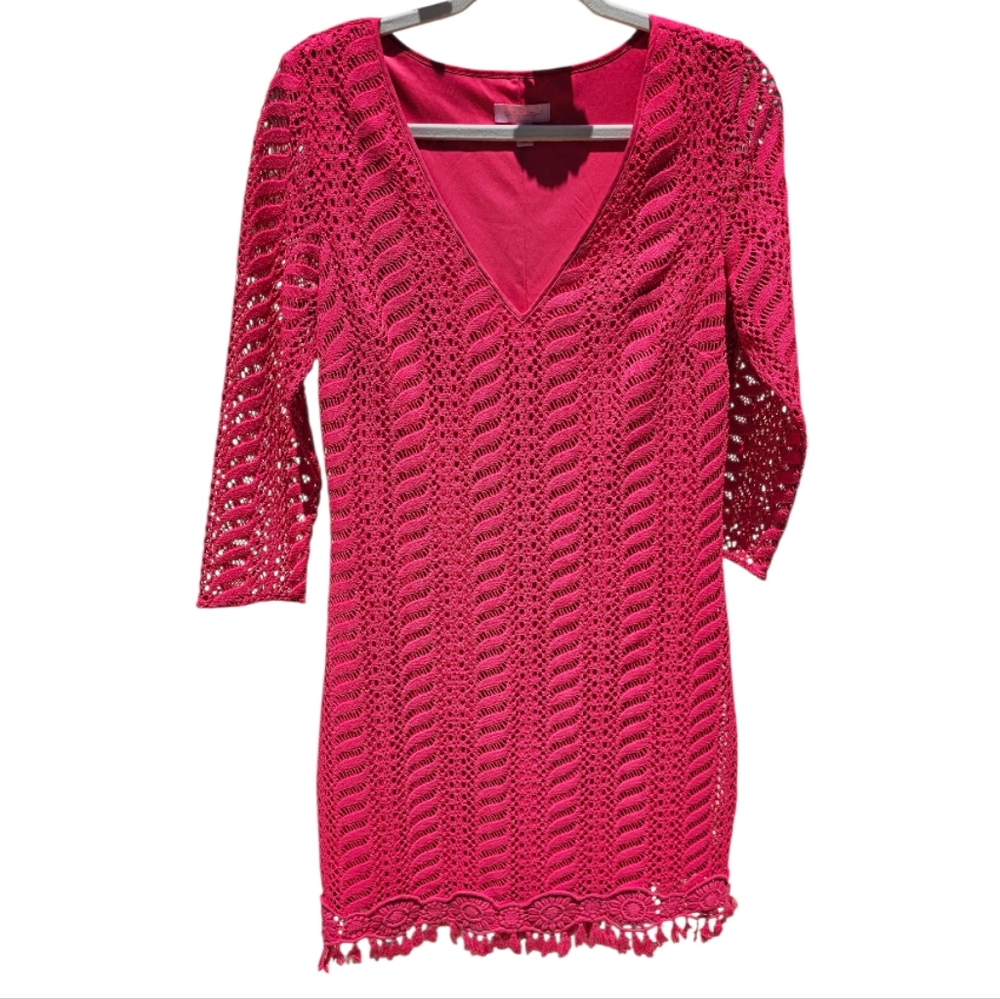 Lilly Pulitzer Seminole Pomgranate Pink Knit Crochet Tassel Long Sleeve Dress M